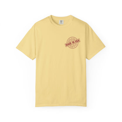 banana  t-shirt with 'Made in USA' stamp on a white background