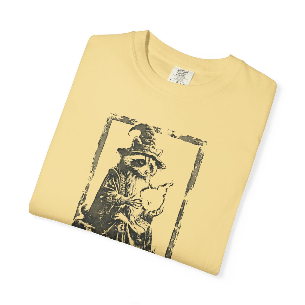  Funny wizard raccoon graphic tee in Butter, vintage engraving style with "You're a Wizard Harry" text