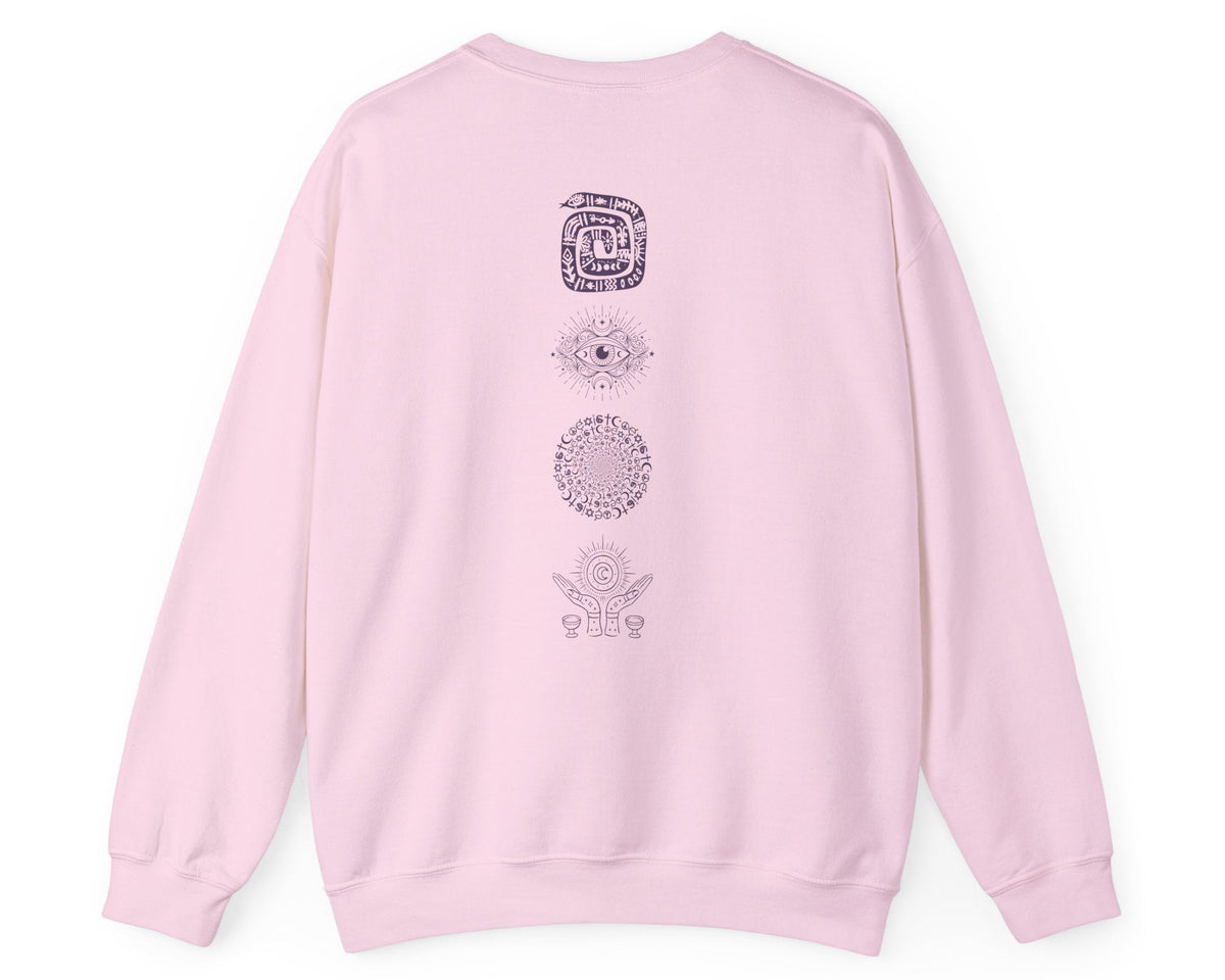 Midnight Margaritas crewneck sweatshirt in Pink — front cocktail graphic and occult cottagecore symbols on back, including COEXIST