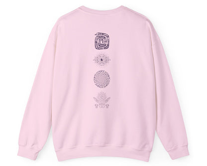 Midnight Margaritas crewneck sweatshirt in Pink — front cocktail graphic and occult cottagecore symbols on back, including COEXIST