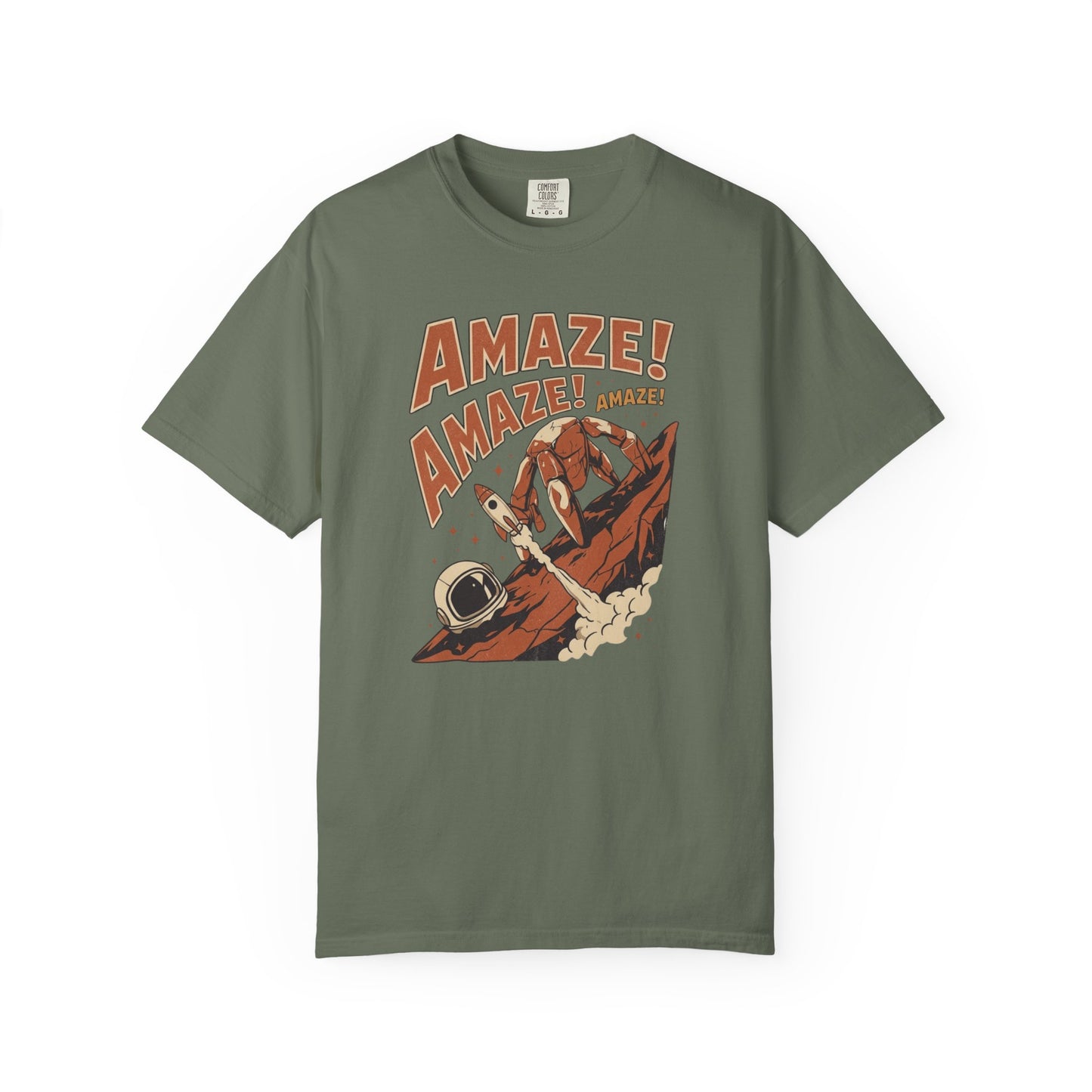Amaze Rocky Comfort Colors Shirt in Moss – sci-fi graphic tee, soft garment-dyed unisex fit