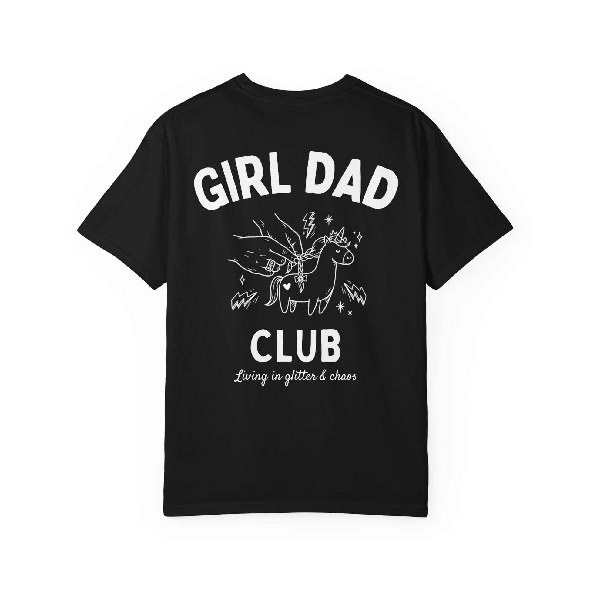 Girl Dad Club black t-shirt with graphic print on a plain background