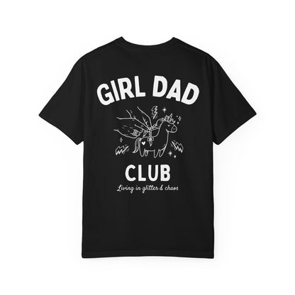Girl Dad Club black t-shirt with graphic print on a plain background