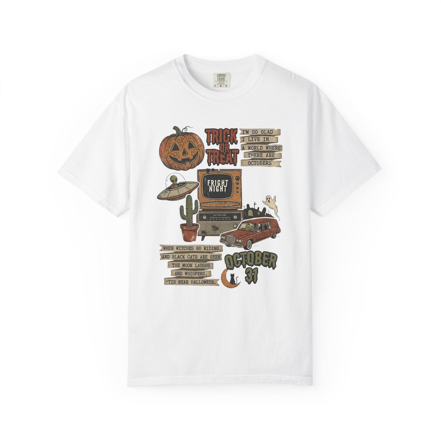 Halloween Retro Graphic T-Shirt in White— vintage trick or treat collage tee, garment dyed