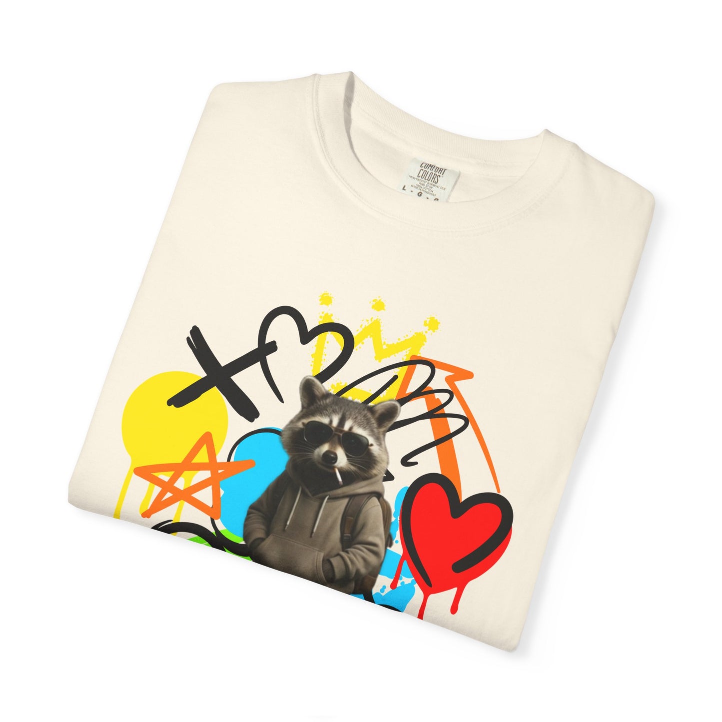 Graffiti Raccoon T-Shirt — Street Art Graphic Tee with Heart & Crown