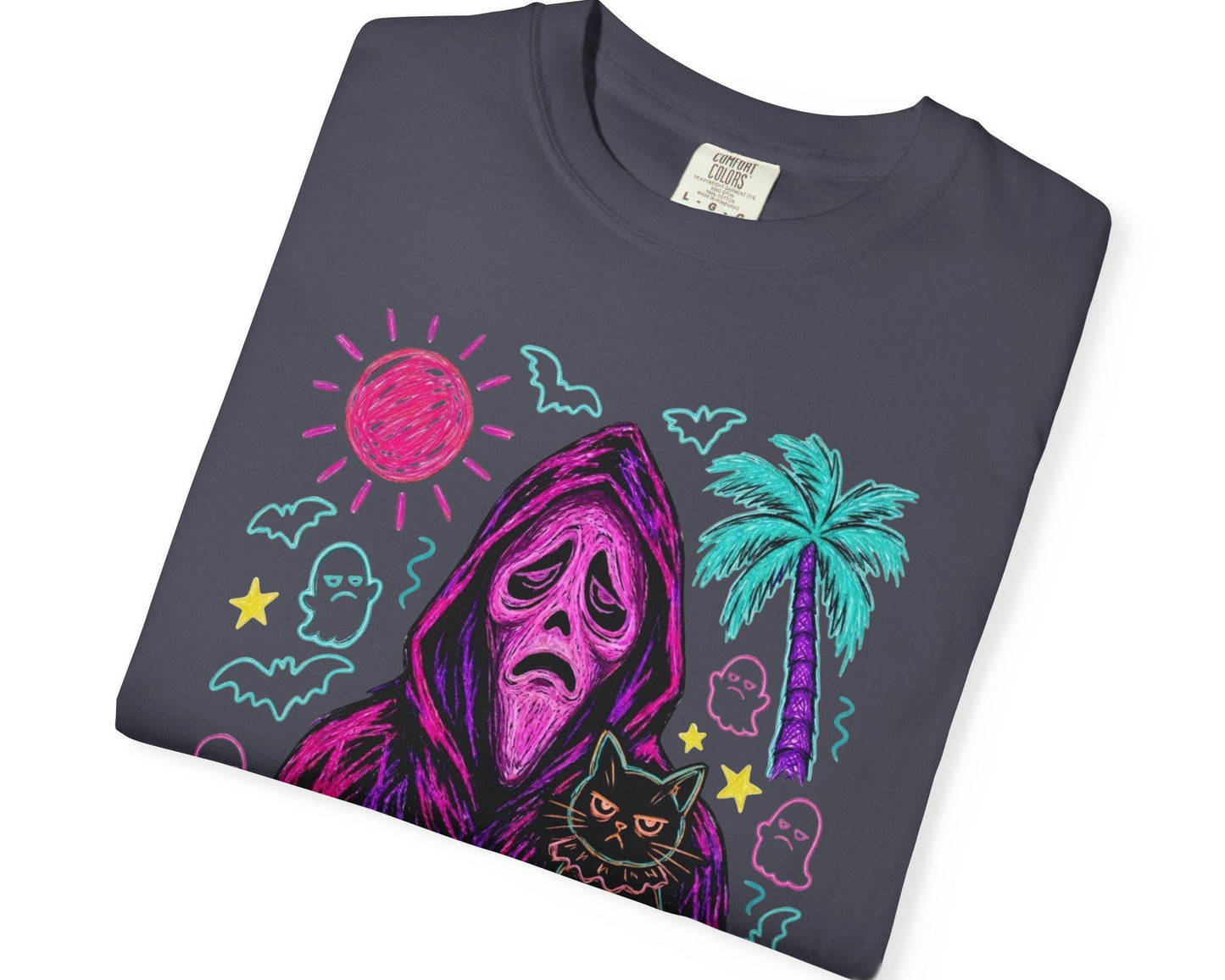 Sarcastic ghost face reaper cat coffee graphic on navy Comfort Colors garment-dyed t-shirt