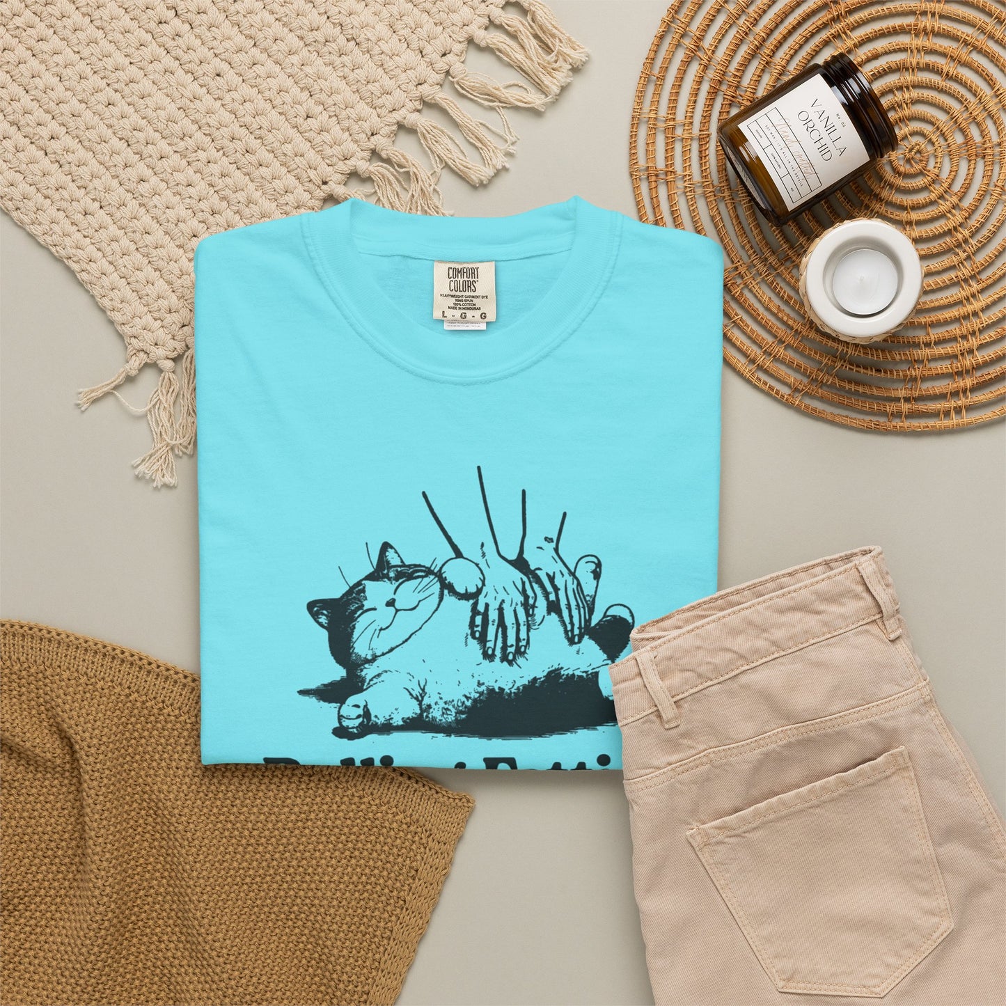 Rolling Fatties Funny Cat T-Shirt in Lagoon Blue garment-dyed graphic tee for cat lovers