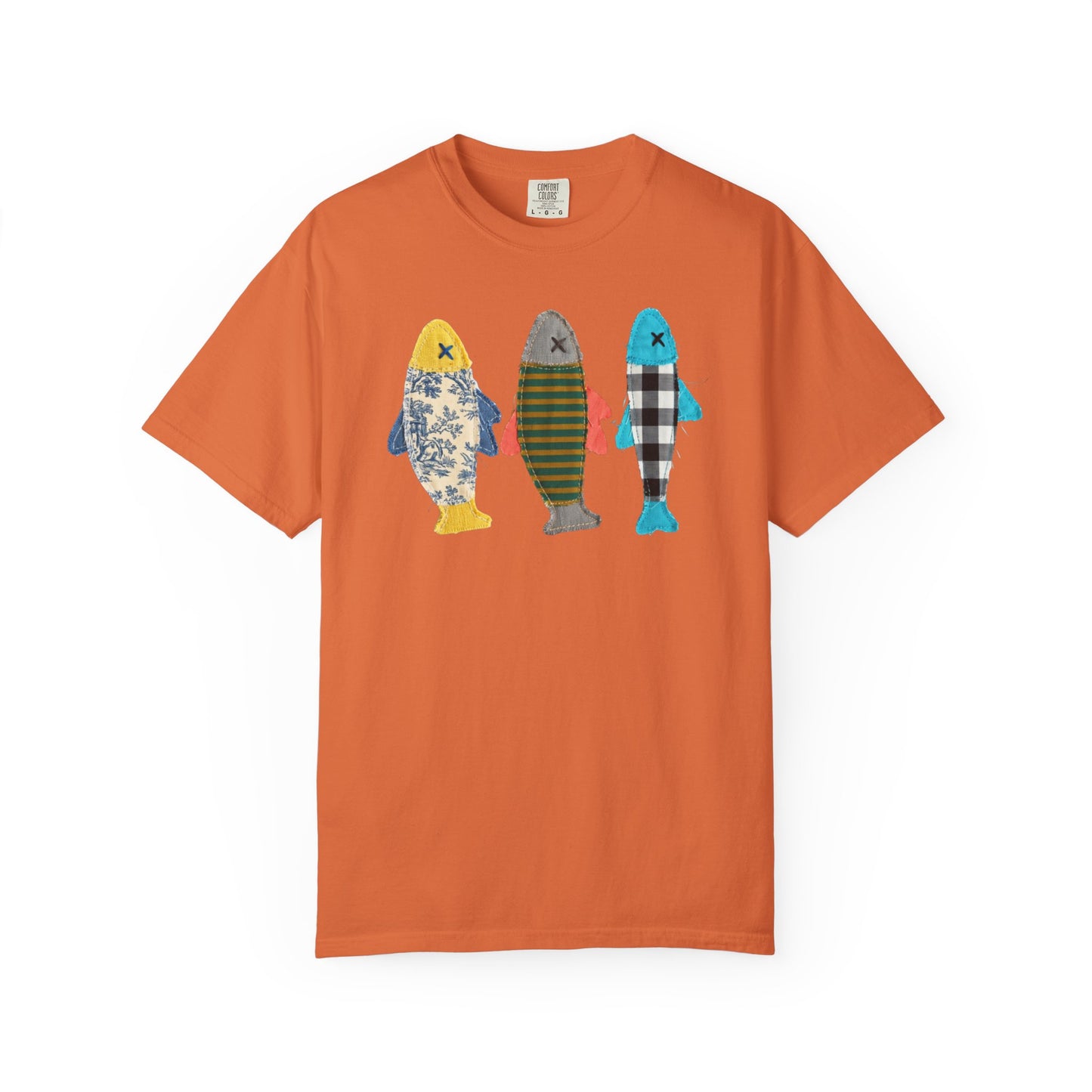 Faux patterned fish trio graphic tee in Burnt Orange with faux patterned fish design on heavyweight garment-dyed cotton — color option