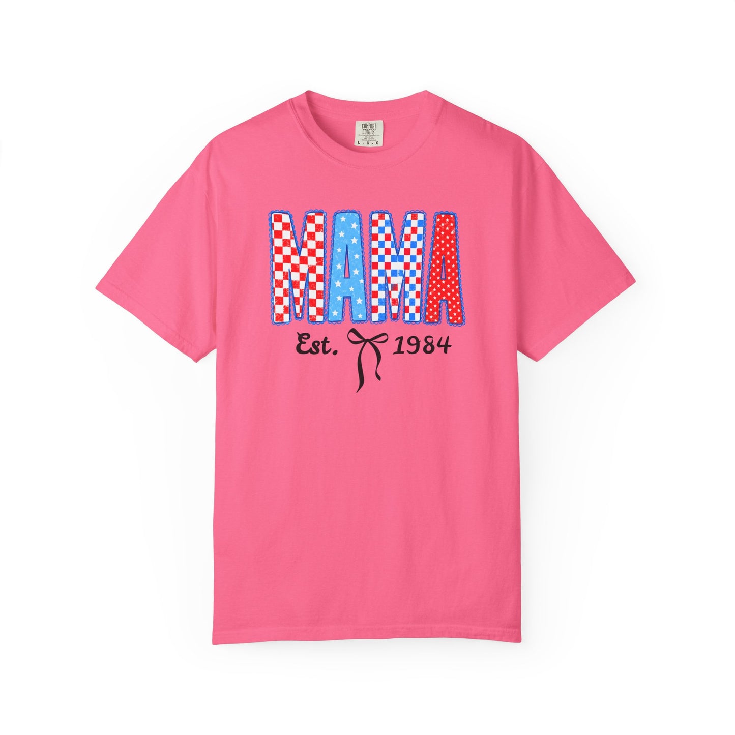 Mama Est. 1984 patriotic graphic t-shirt in crunchberry— garment-dyed unisex tee with checker MAMA print