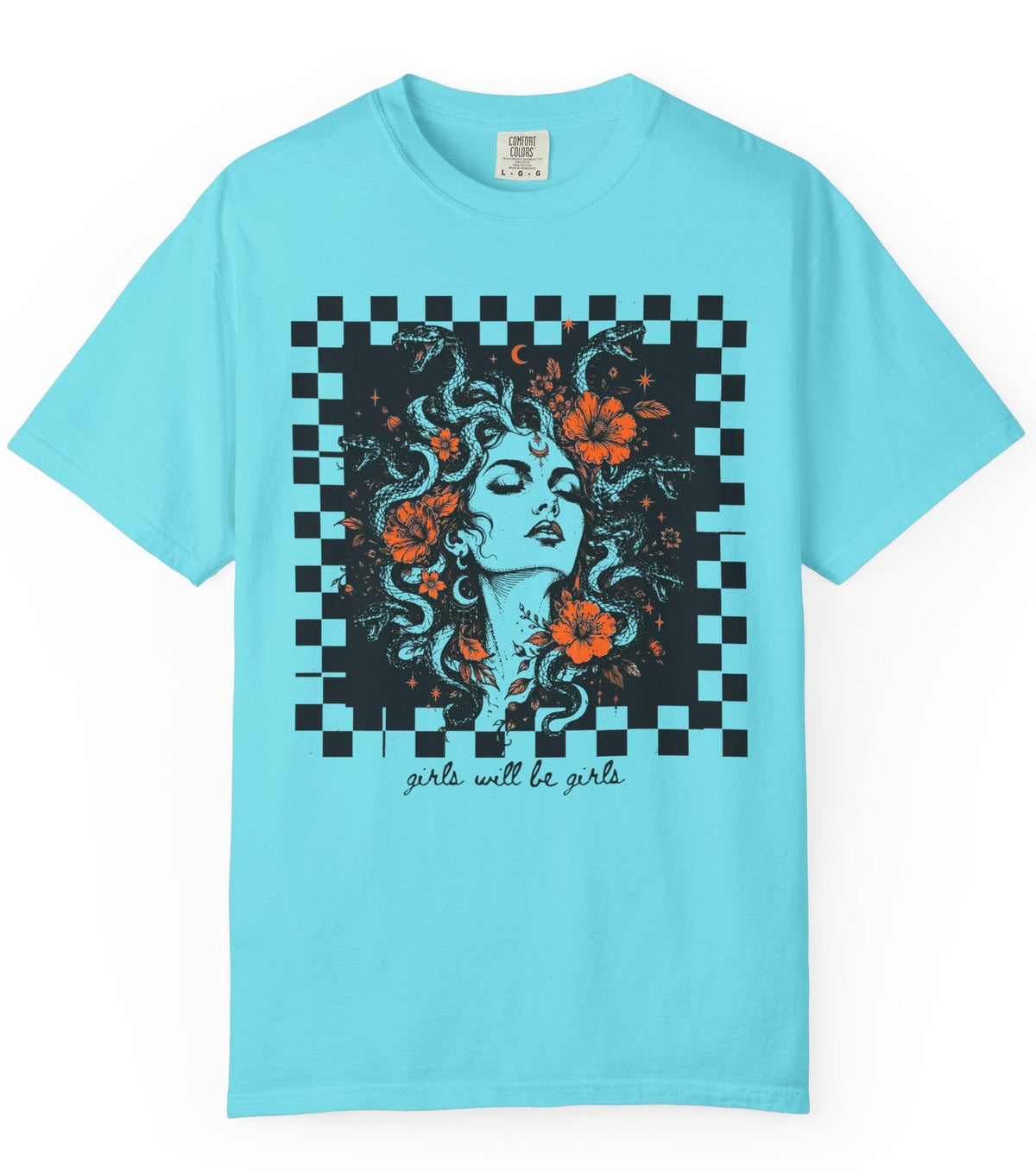 Lagoon Blue Girls Will Be Girls Medusa tee — yellow feminist floral graphic tee
