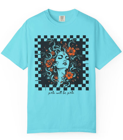 Lagoon Blue Girls Will Be Girls Medusa tee — yellow feminist floral graphic tee
