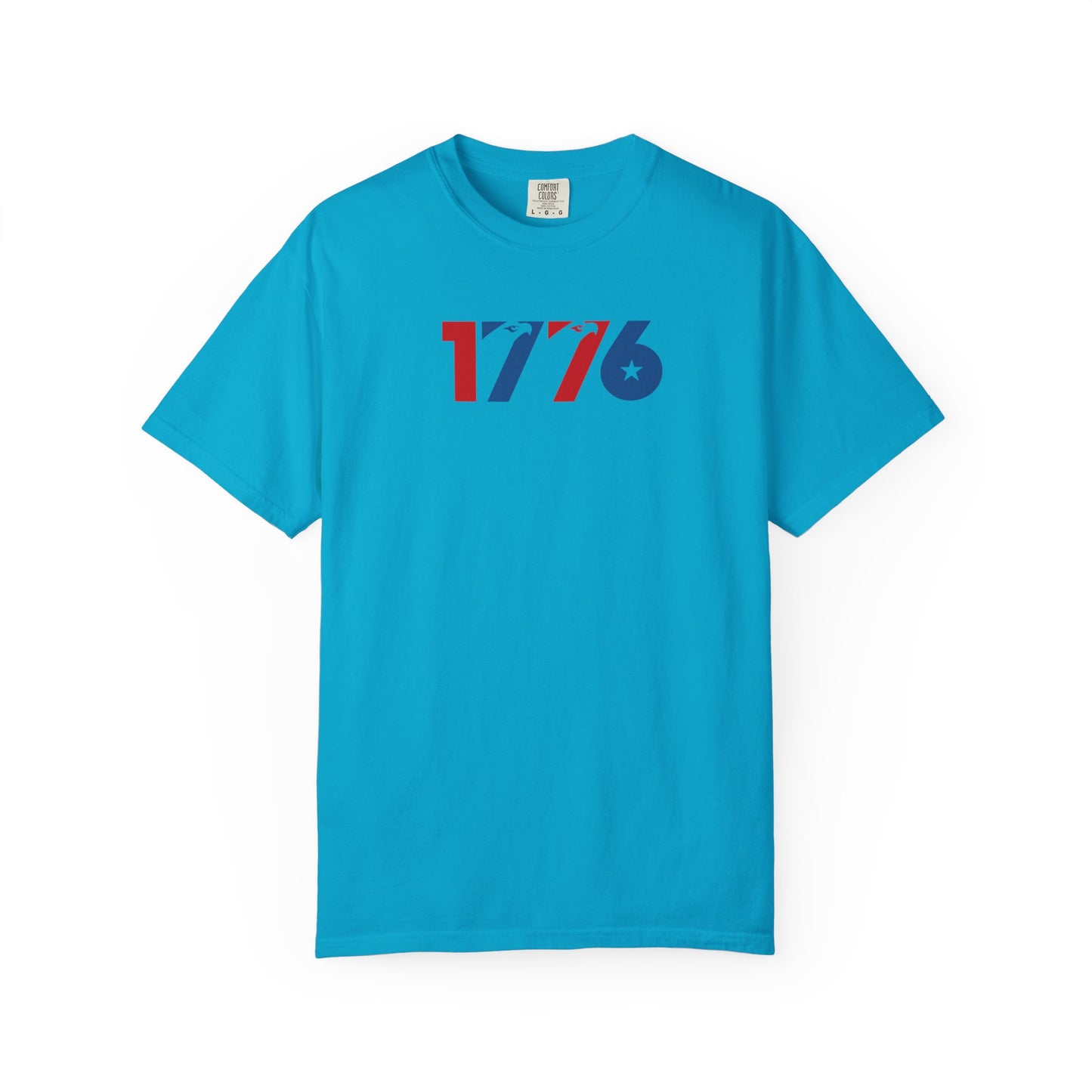 sapphire t-shirt with '1776' printed on a white background