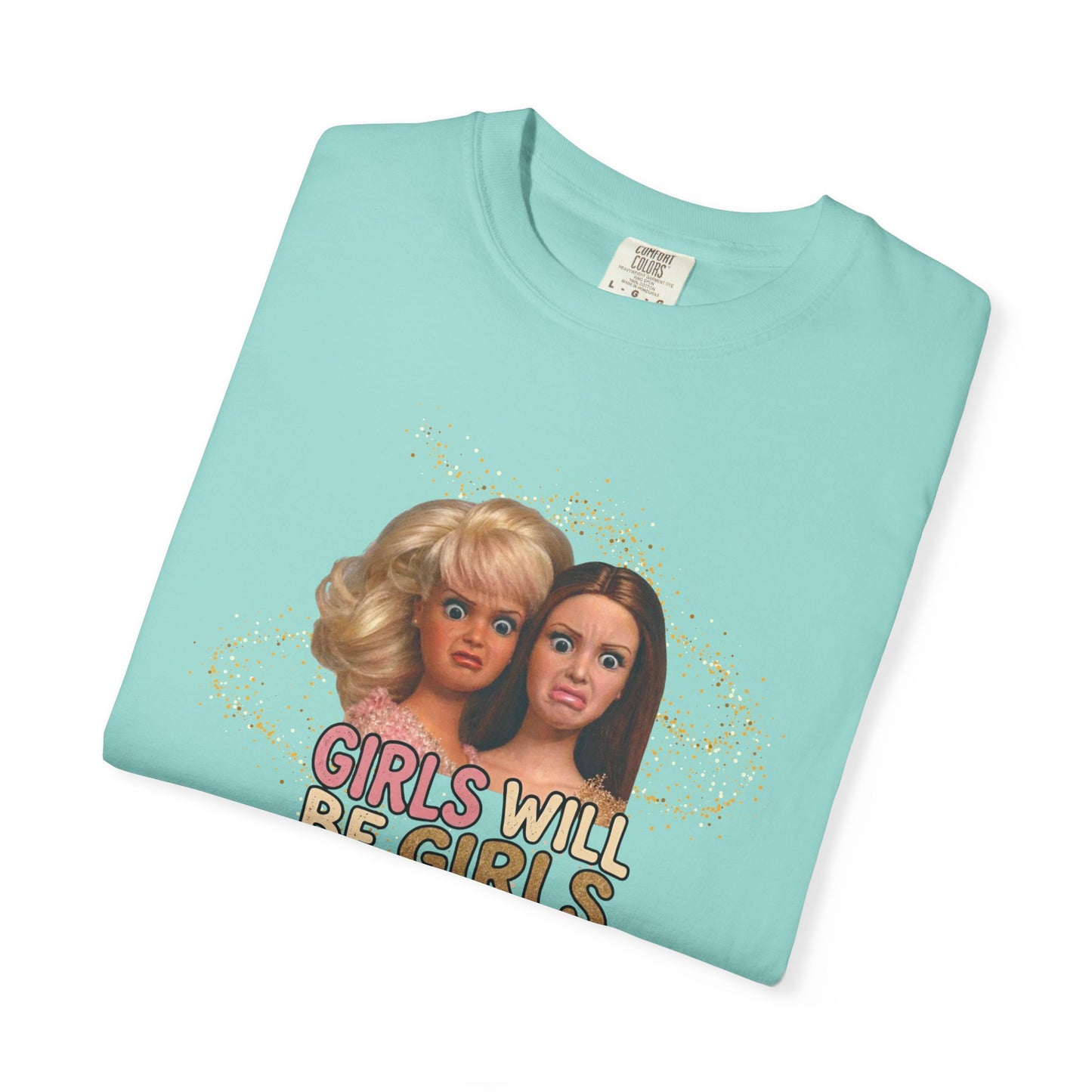 Girls Will Be Girls retro graphic t-shirt in Chalky Mint — vintage doll print feminist