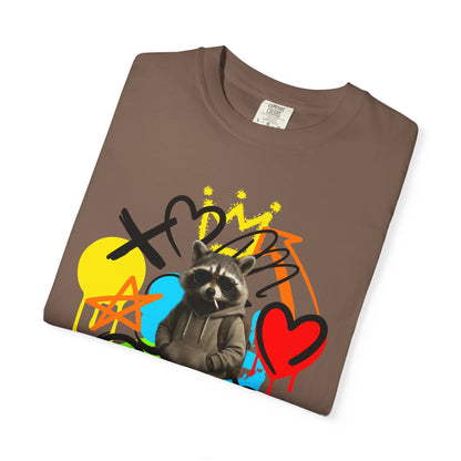 Graffiti Raccoon T-Shirt — Street Art Graphic Tee with Heart & Crown