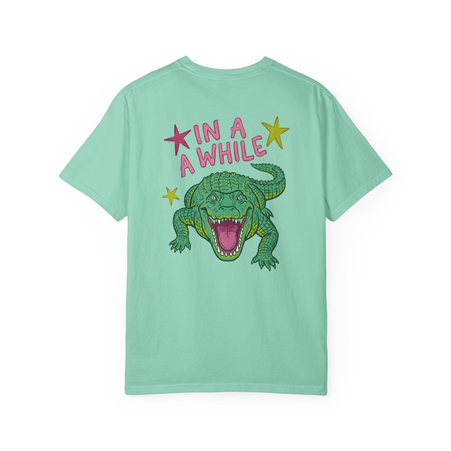 island reef t-shirts with alligator graphics on front "later gator" and the text on back i"n a while crocodile"a plain background