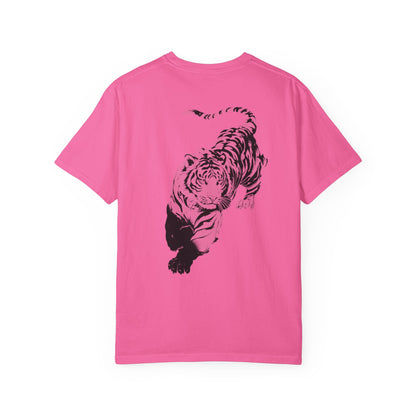 Tiger claw mark front and stalking tiger back graphic tee in NEON PINK, heavyweight garment-dyed cotton