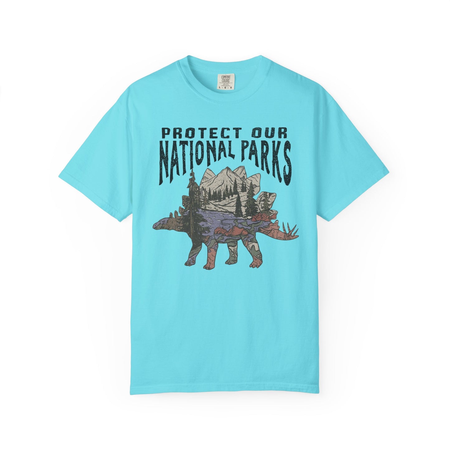 Protect Our National Parks garment-dyed t-shirt in Lagoon Blue — vintage stegosaurus graphic with mountain landscape fill"