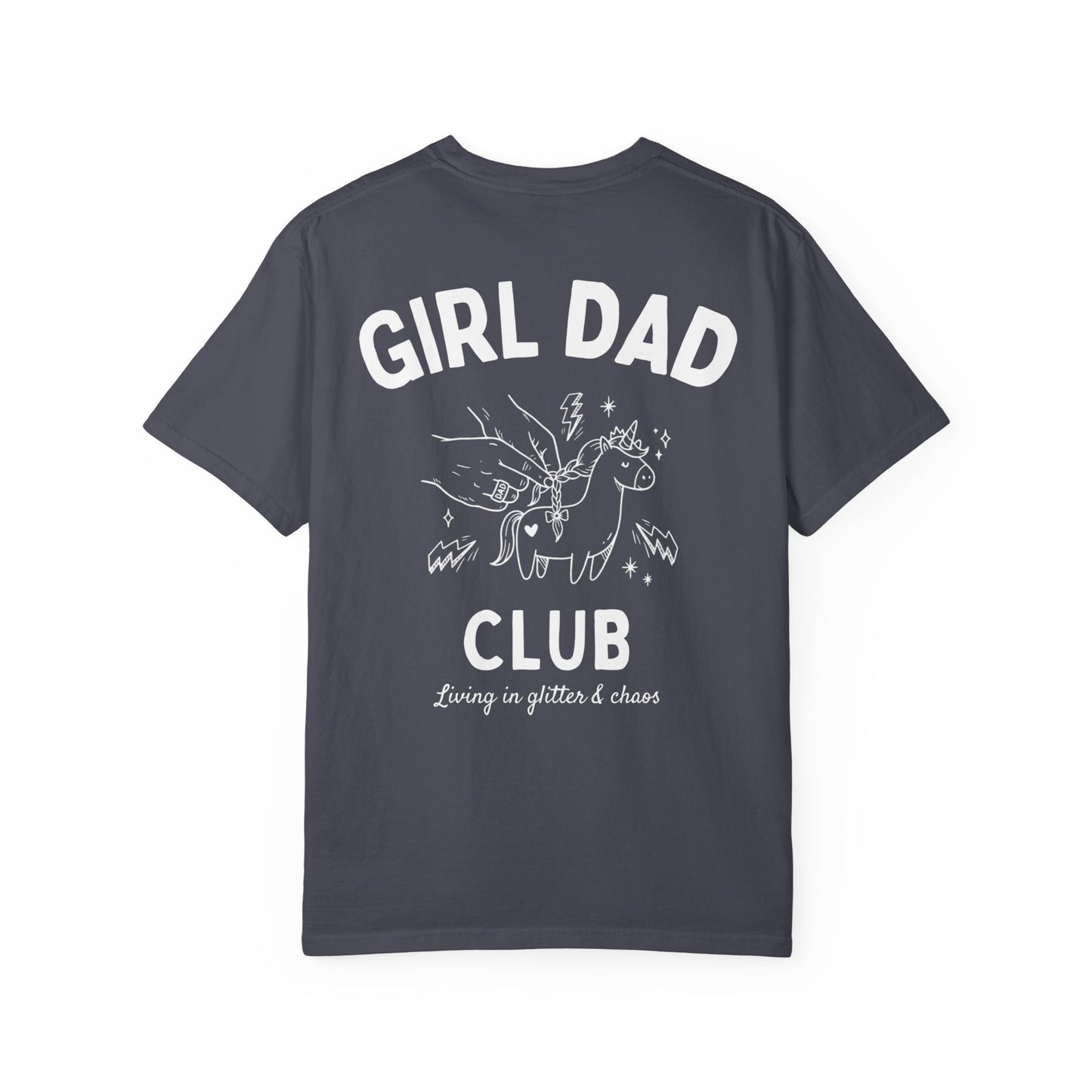 Girl Dad Club navy t-shirt with graphic print on a plain background