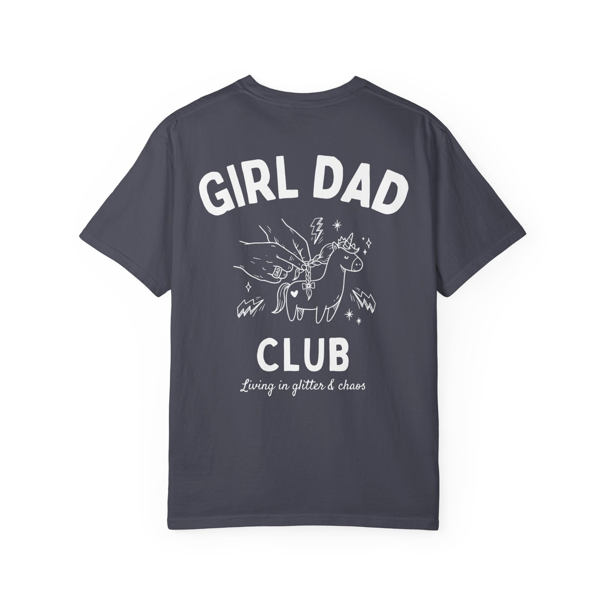 Girl Dad Club navy t-shirt with graphic print on a plain background
