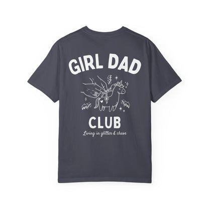 Girl Dad Club navy t-shirt with graphic print on a plain background