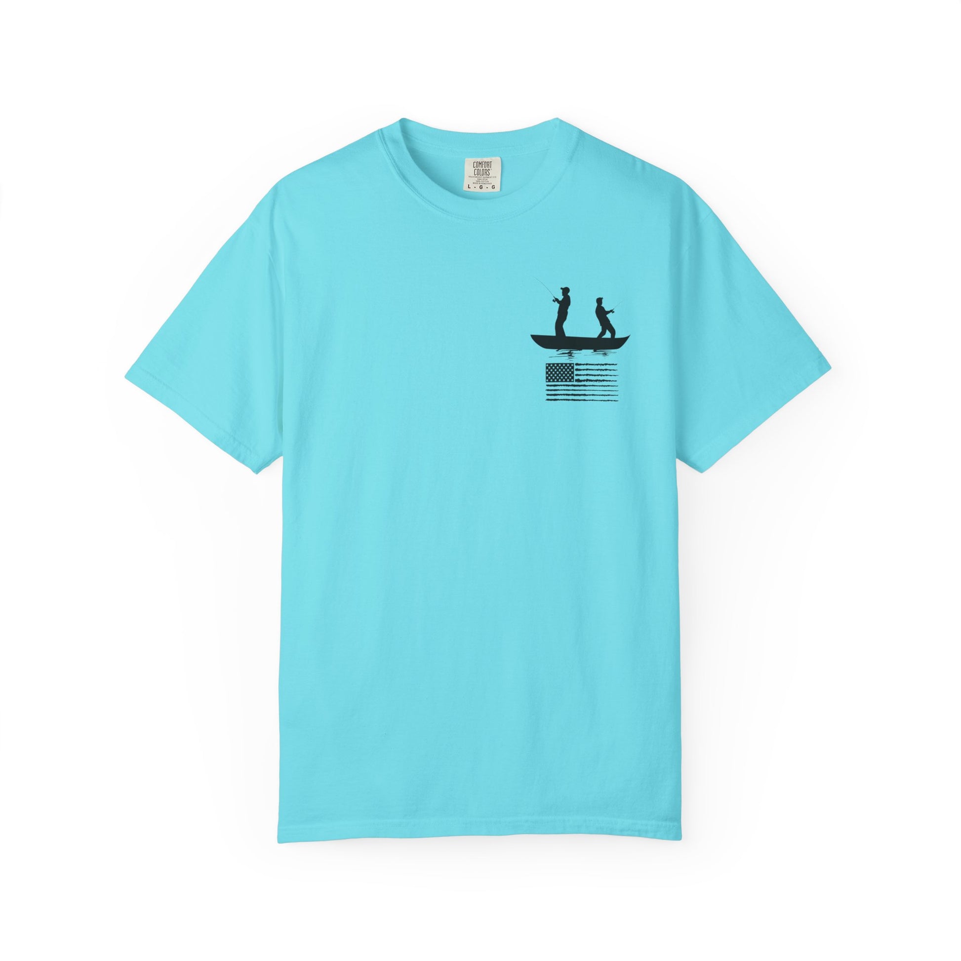 Fishing Flag T-Shirt in lagoon blue color— American flag fishing graphic tee, front view