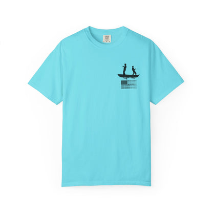 Fishing Flag T-Shirt in lagoon blue color— American flag fishing graphic tee, front view