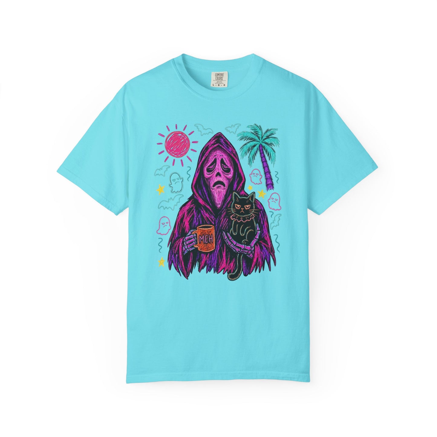 Summerween neon reaper MEH coffee mug black cat graphic on Lagoon Blue Comfort Colors tee