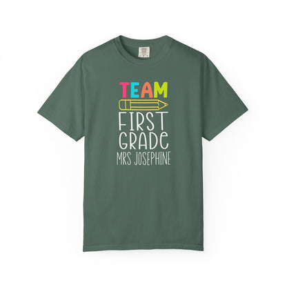 blue spruce t-shirt with 'Team First Grade Mrs Josephine' text on a white background