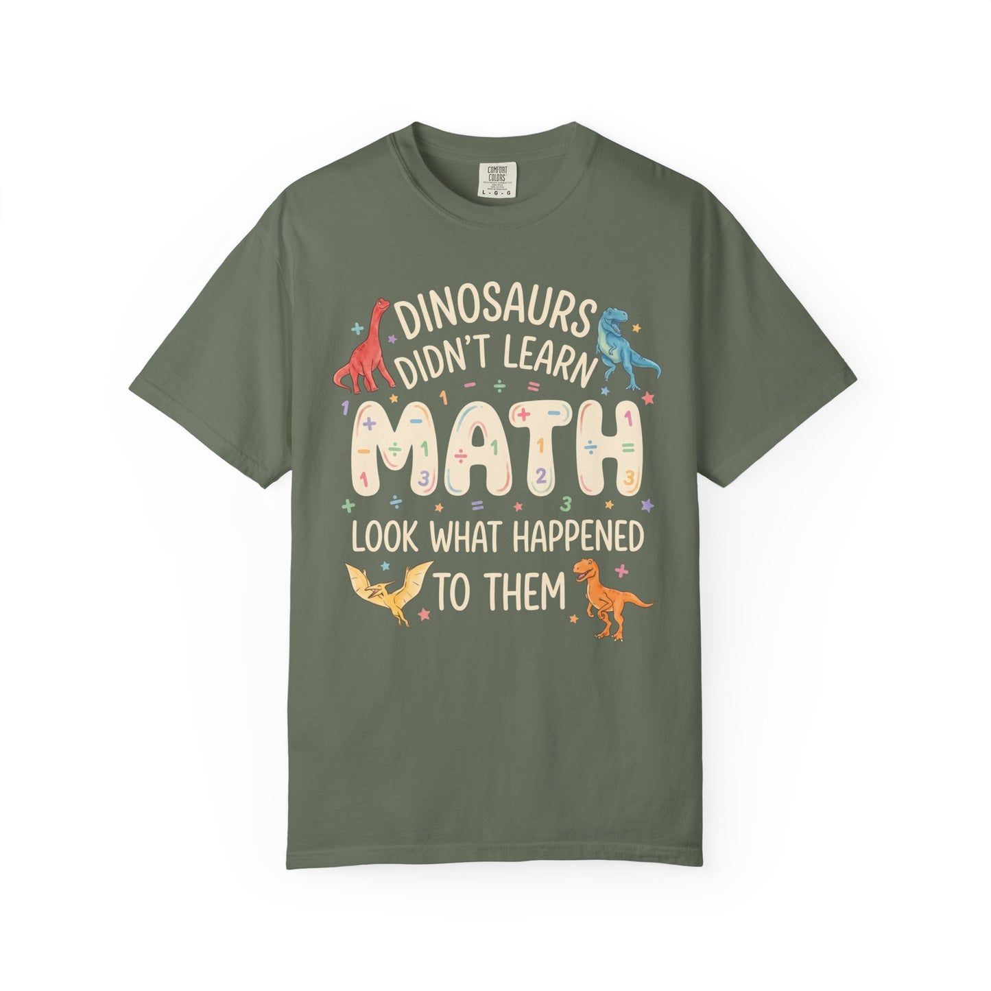 moss t-shirt with dinosaur-themed text on a white background