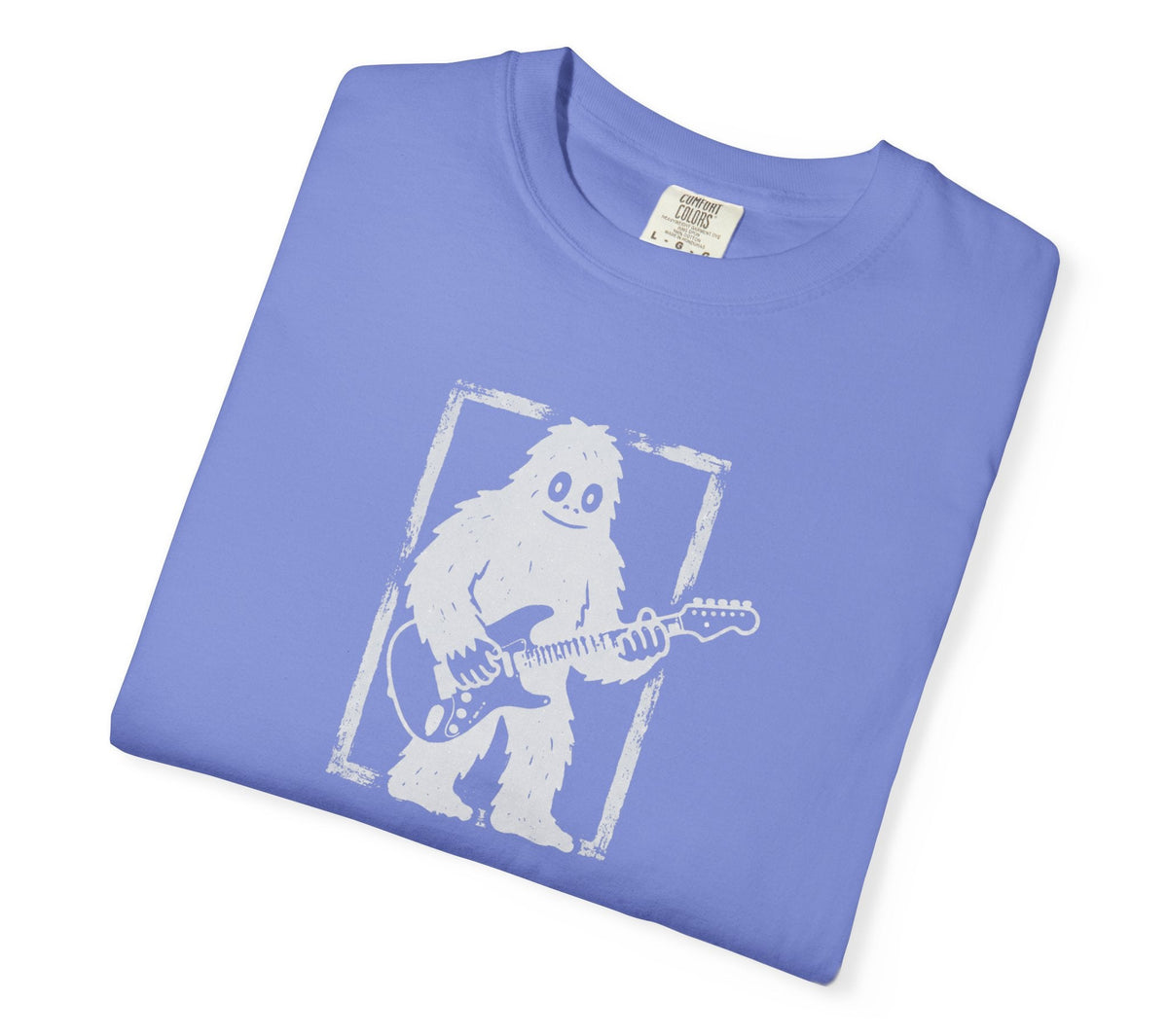 Flo Blue garment-dyed Bigfoot guitar graphic tee, heavyweight ring-spun cotton vintage band shirt