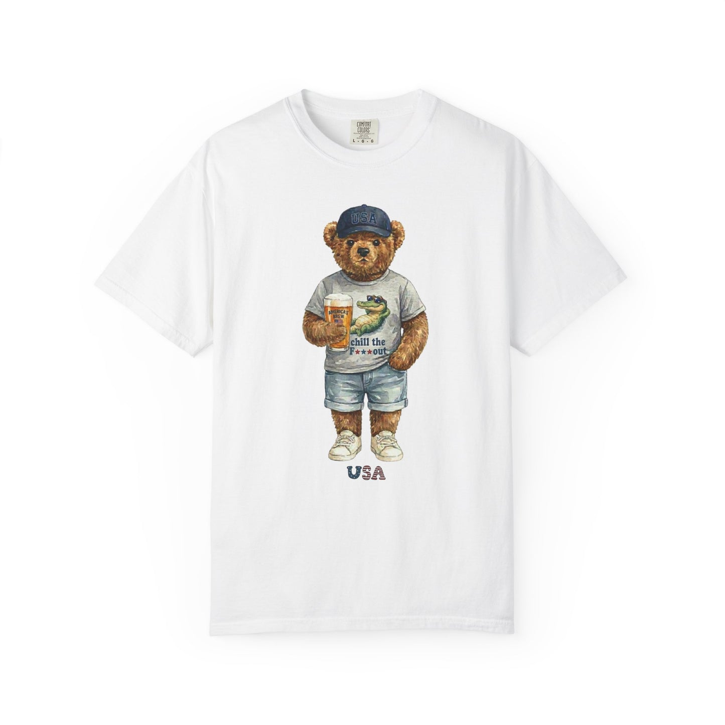 White t-shirt with a bear graphic holding a coffee cup and a bottle on a white background