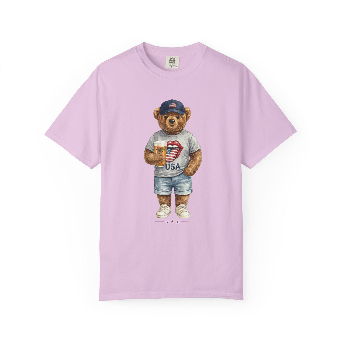 orchid t-shirt with a bear graphic wearing a cap and shorts on a white background