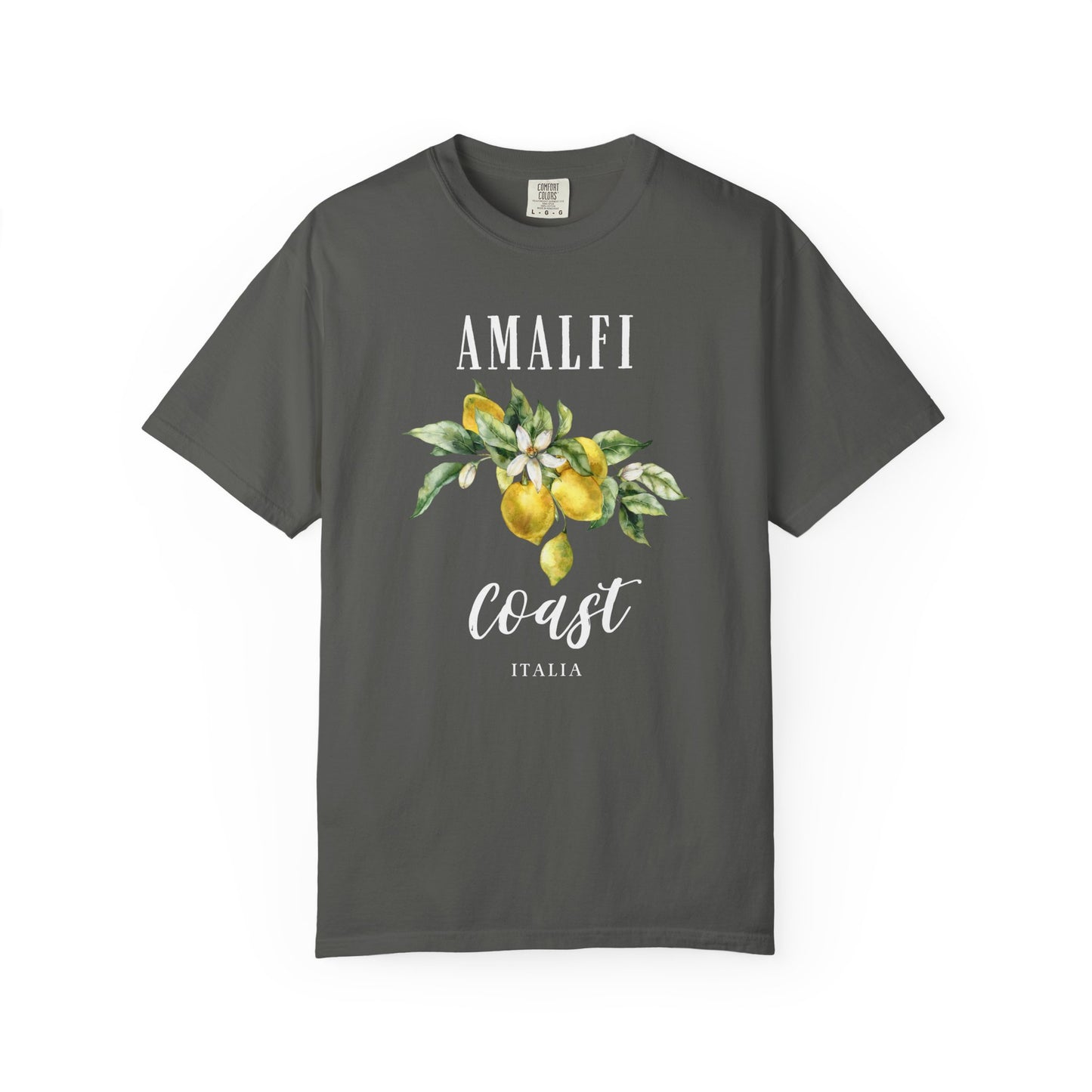 pepper t-shirt with 'Amalfi Coast Italia' design featuring lemons and leaves on a white background.