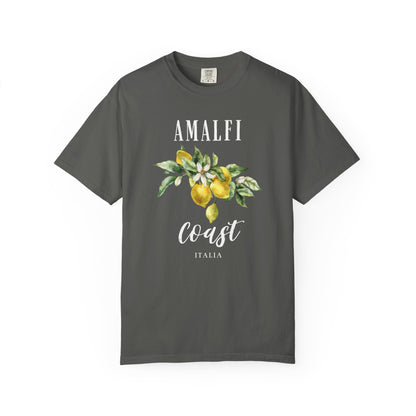pepper t-shirt with 'Amalfi Coast Italia' design featuring lemons and leaves on a white background.