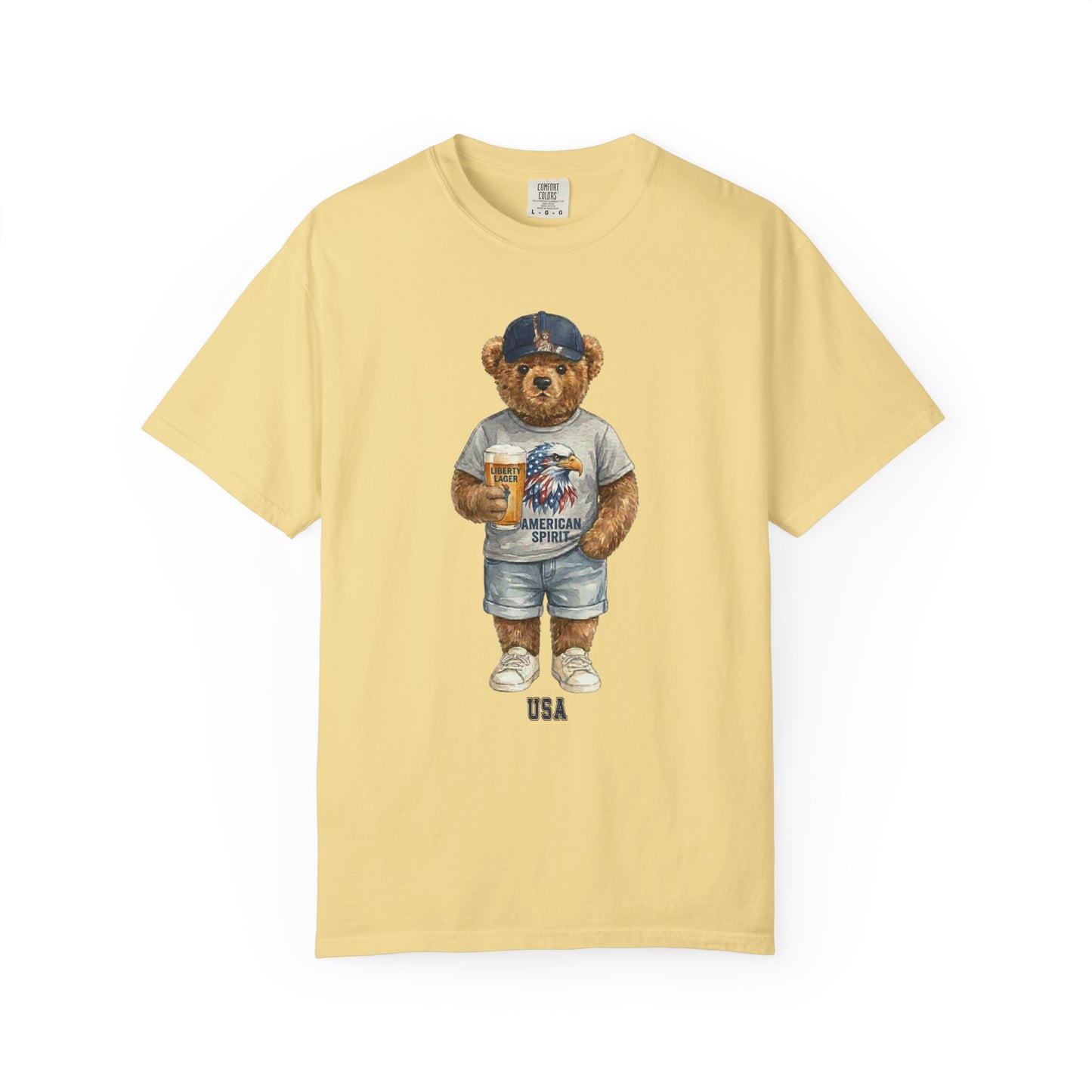 Banana t-shirt with a bear graphic holding a coffee cup on a white background