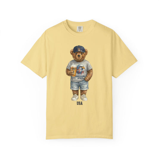 Banana t-shirt with a bear graphic holding a coffee cup on a white background