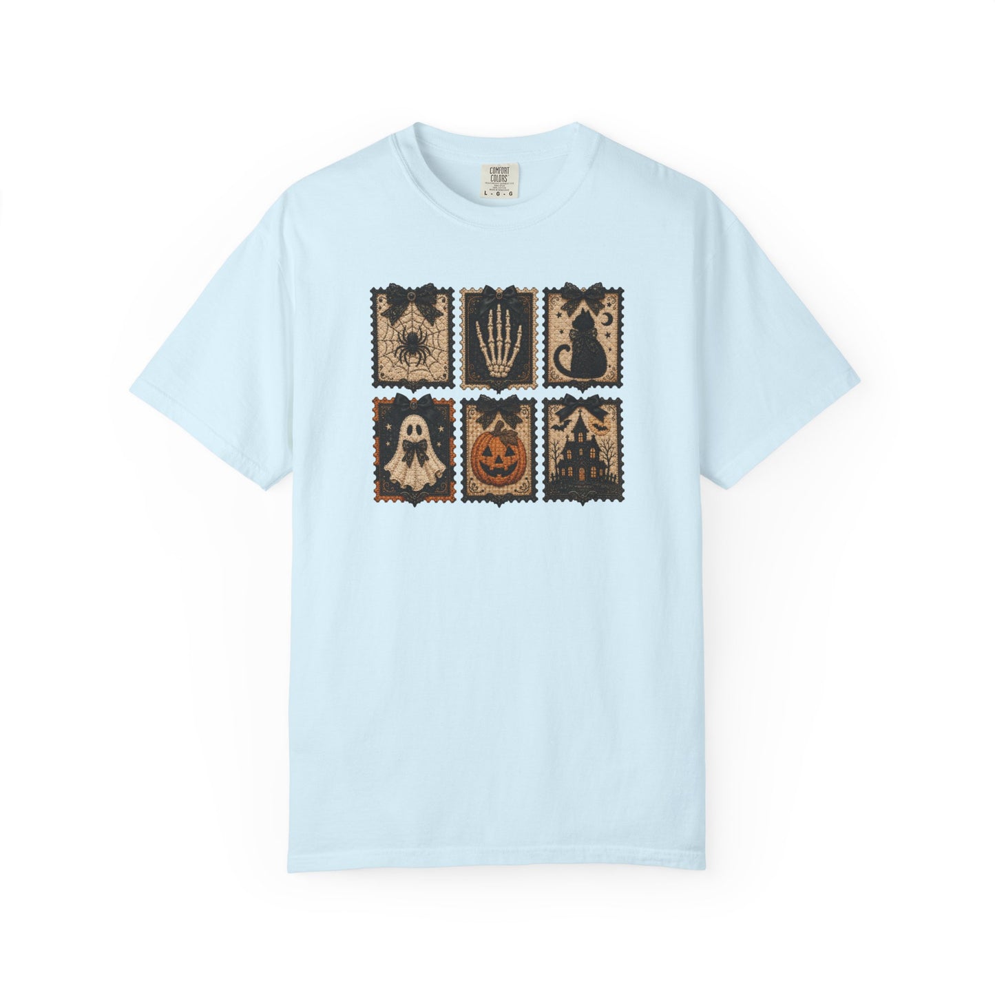 Vintage Halloween Faux Patchwork T-Shirt — Spooky Stamp Graphic Tee