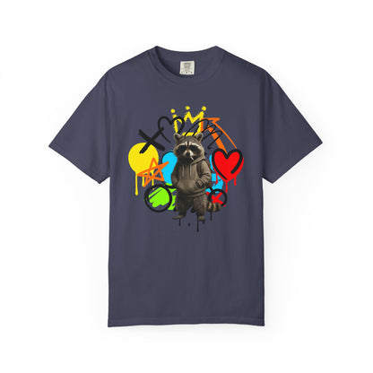 Graffiti Raccoon T-Shirt — Street Art Graphic Tee with Heart & Crown
