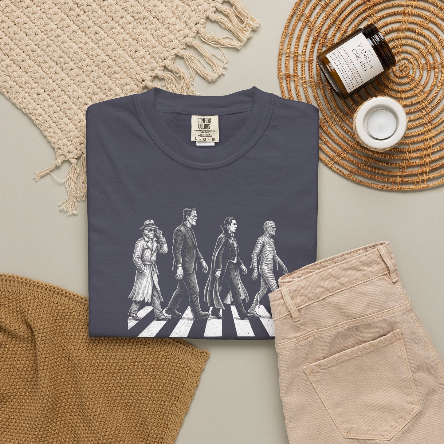 Navy garment-dyed unisex classic movie monsters Abbey Road graphic tee — vintage horror shirt