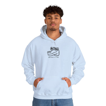 Person wearing a light blue hoodie with a graphic design of a croc and the phrase "chill the f out" on a white background