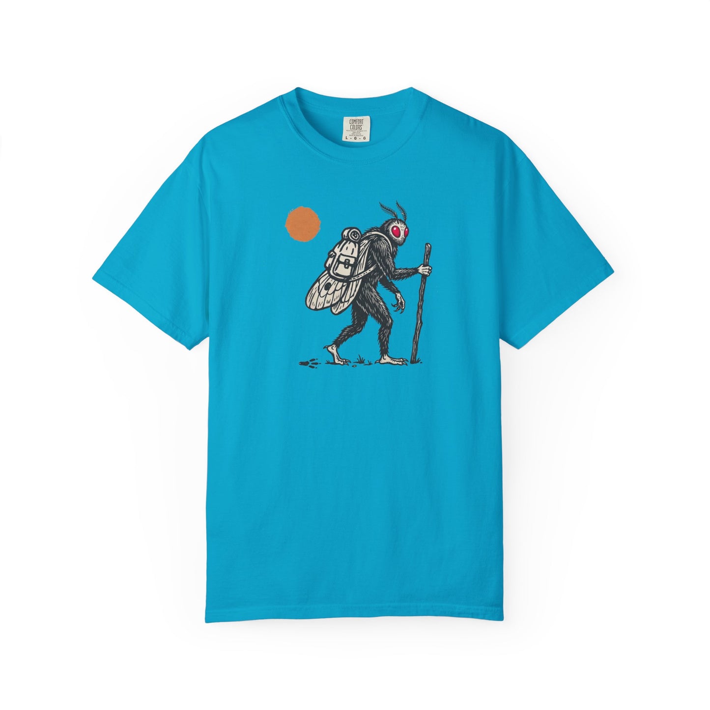 Mothman Traveler Graphic T-Shirt in Sapphire — backpacking cryptid tee with sun