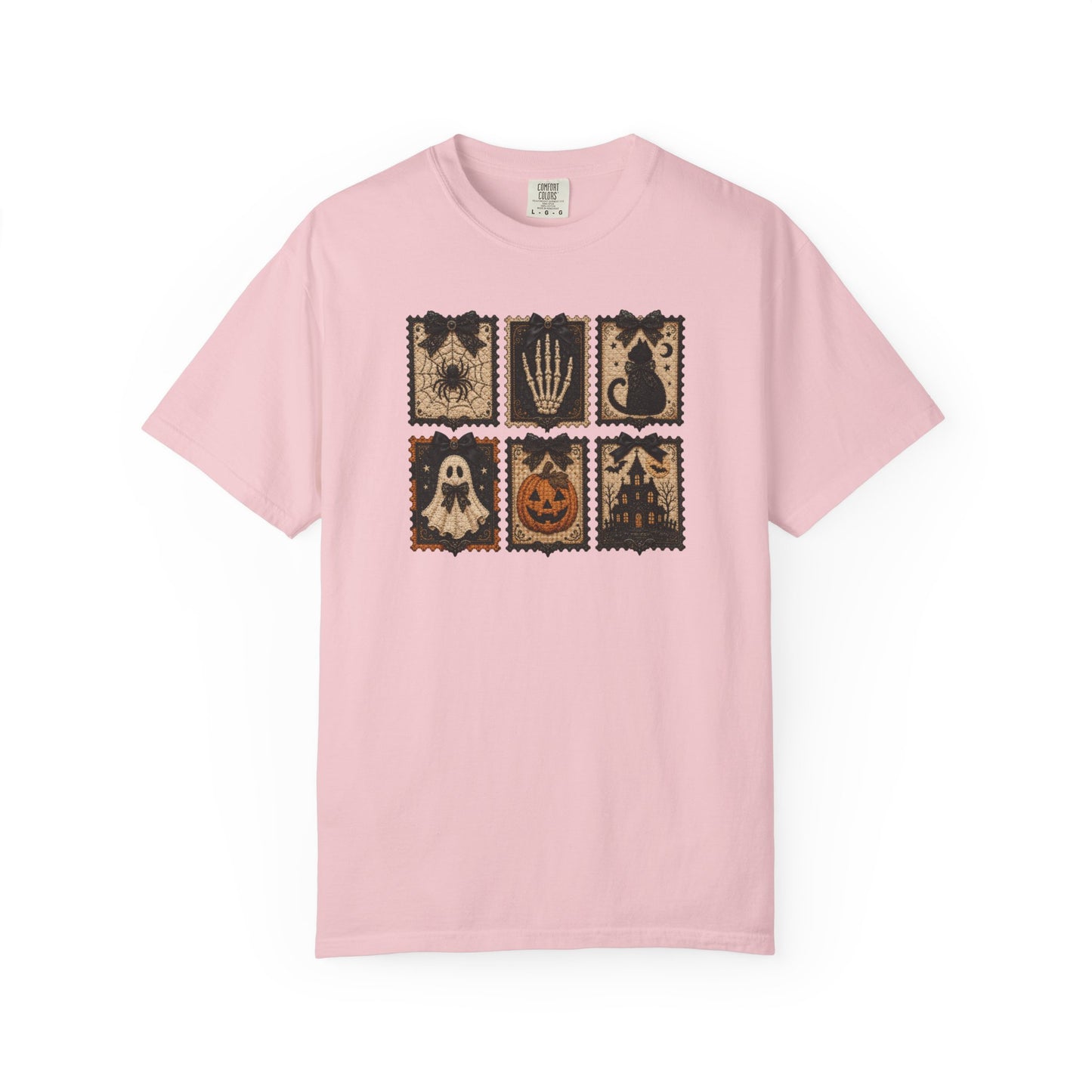Vintage Halloween Faux Patchwork T-Shirt — Spooky Stamp Graphic Tee