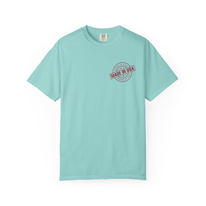 chalky mint t-shirt with a colorful graphic on a white backgroun