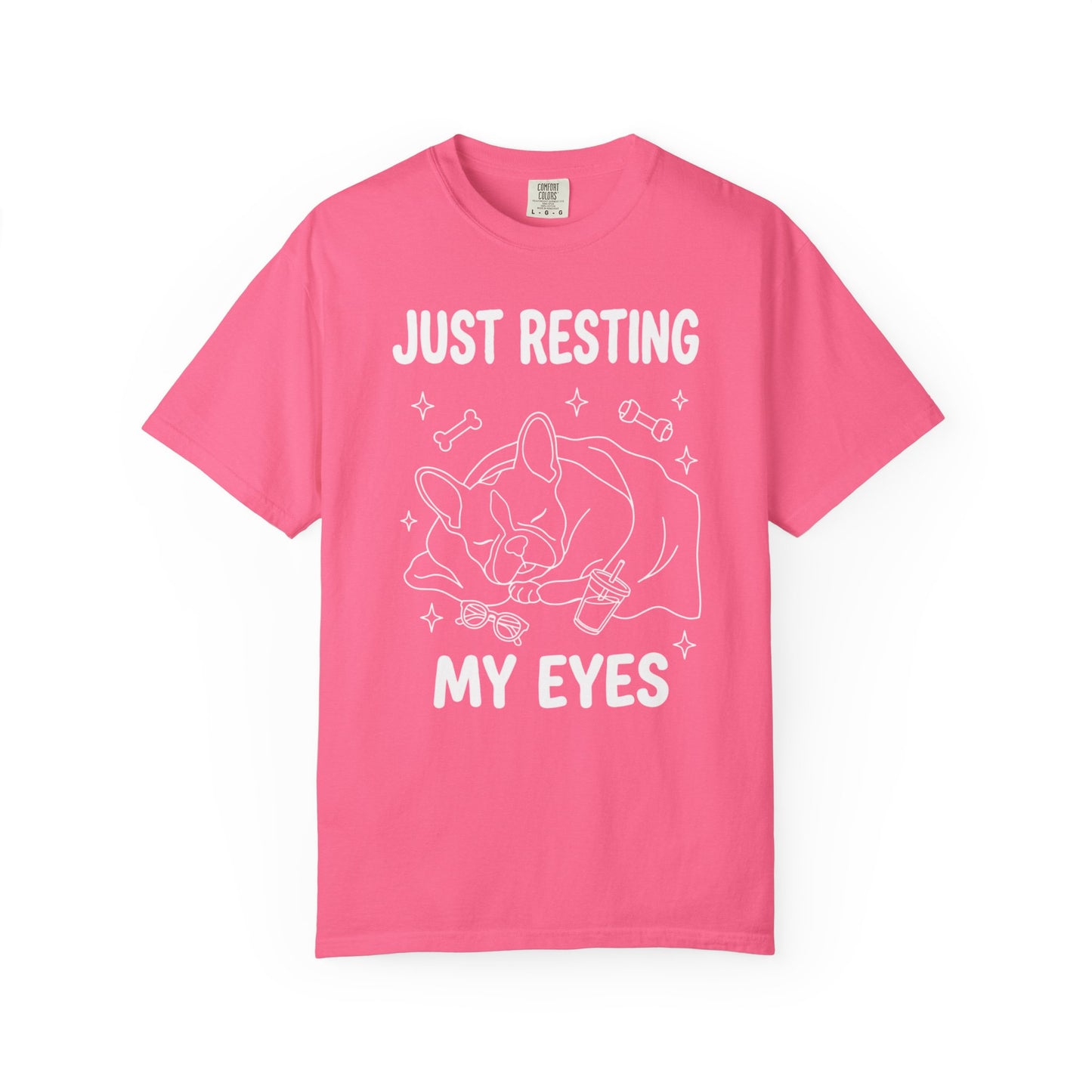 Just Resting My Eyes French Bulldog T-Shirt in Crunchberry — soft garment-dyed Frenchie tee