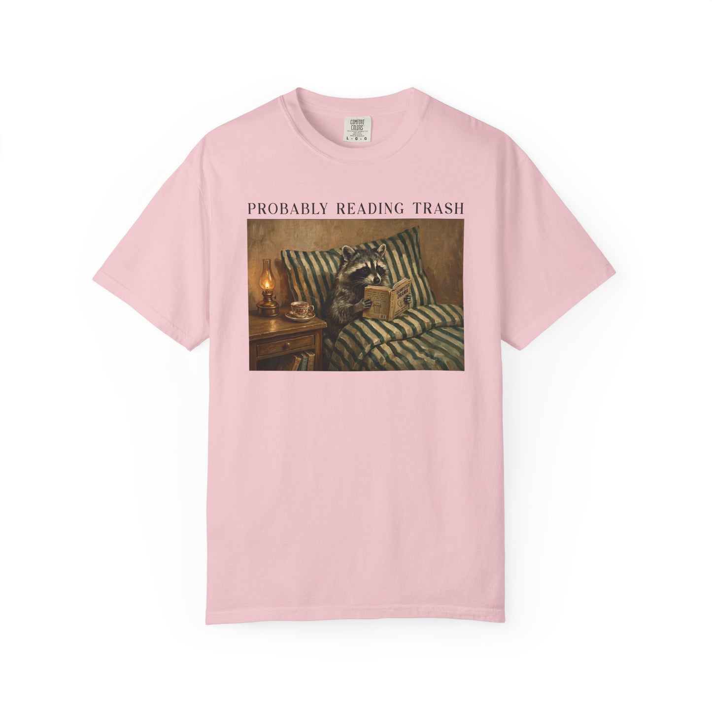 Raccoon Probably Reading Trash T-Shirt in Blossom – Funny Bookish Graphic Tee
