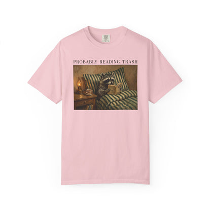 Raccoon Probably Reading Trash T-Shirt in Blossom – Funny Bookish Graphic Tee