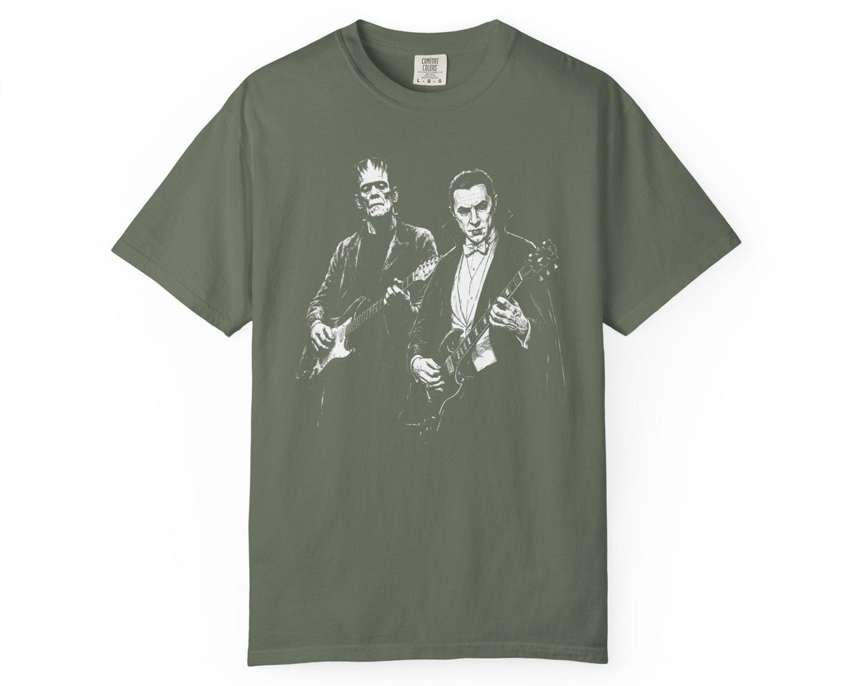 Moss garment-dyed Frankenstein and Dracula guitar tee with retro Halloween rock band graphic 