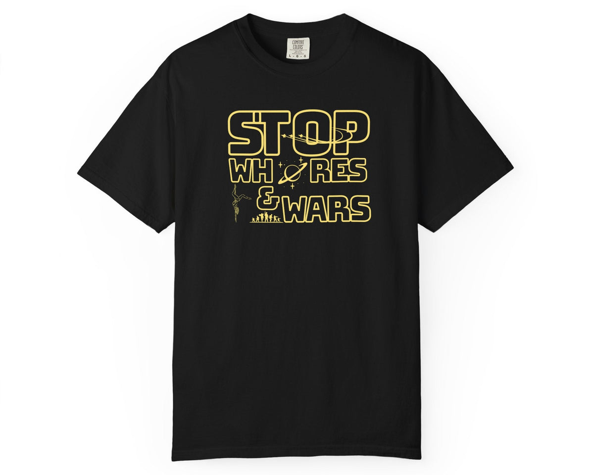 "STOP Wars graphic t-shirt in black — heavyweight garment-dyed cotton statement tee"
