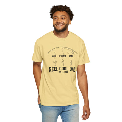 Man wearing a yellow t-shirt with 'Reel Cool Dad' design on a white background