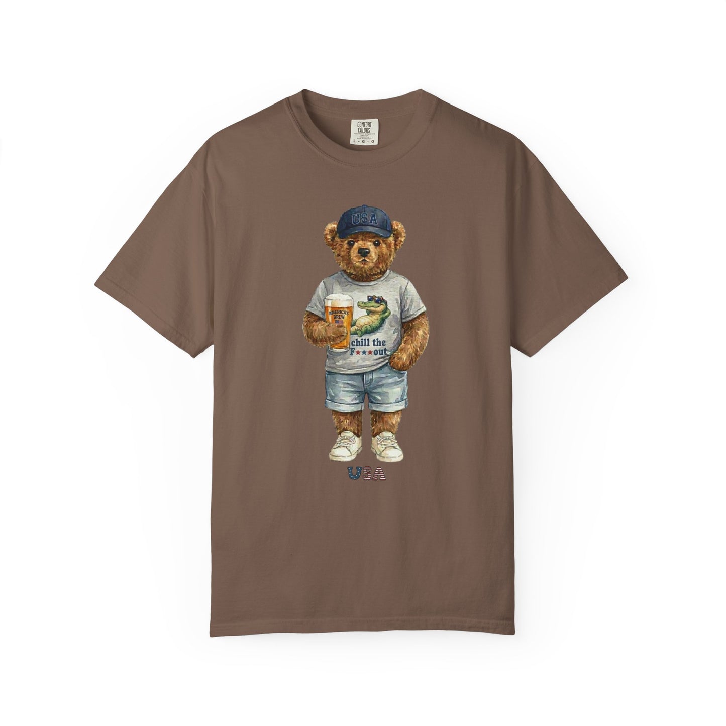 espresso t-shirt with a teddy bear graphic on a white background